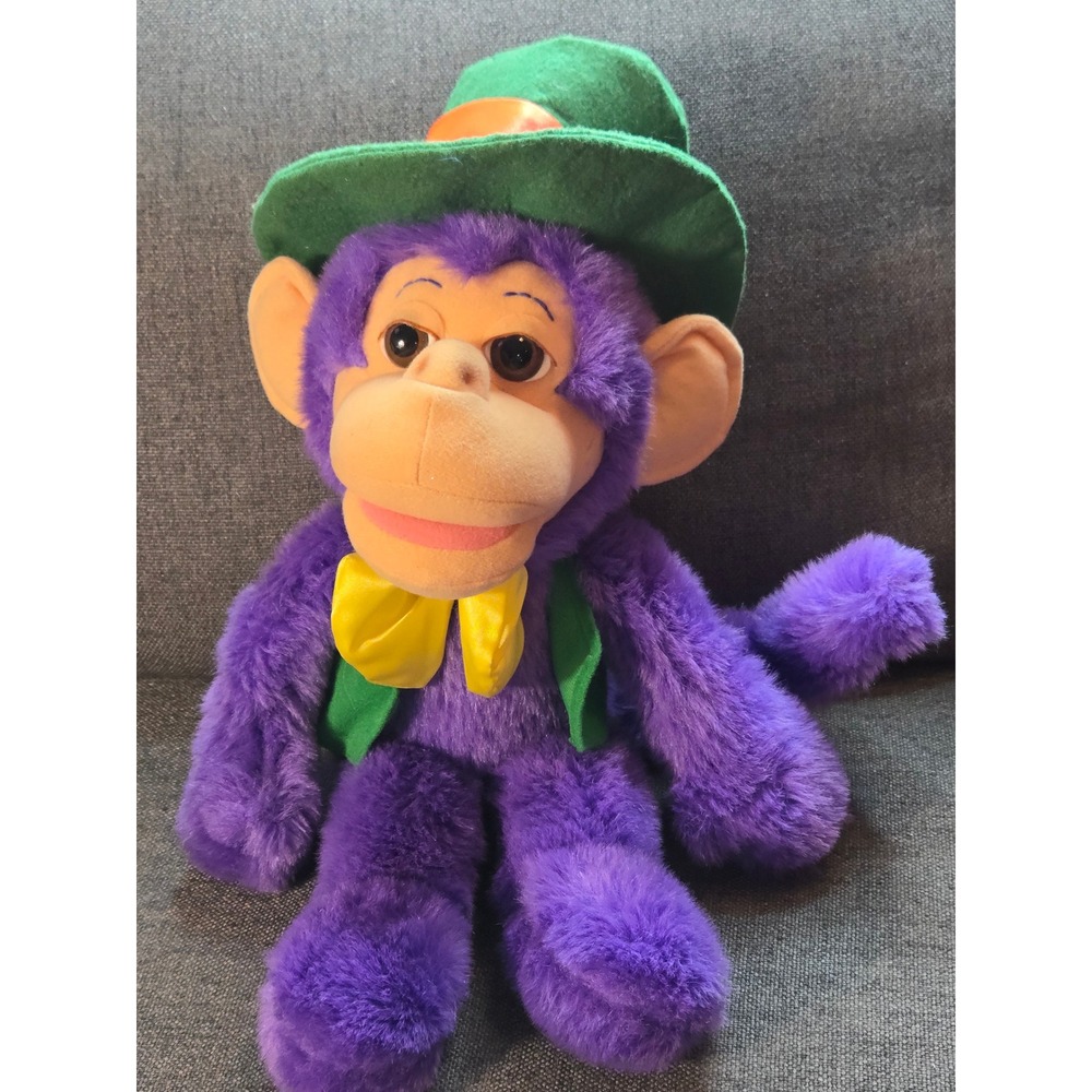 Vintage 1998 Wisharoo Park Purple Monkey Plush Bestever Inc Green Hat Yellow Bow